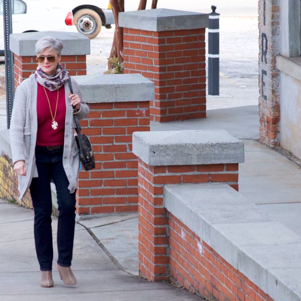 st. john knits cardigan, ralph lauren sweater, ann taylor denim, marc fisher booties, j.crew scarf