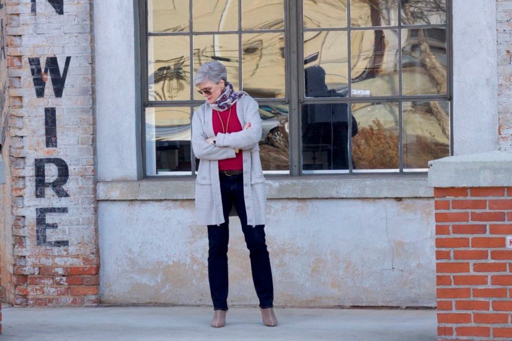 st. john knits cardigan, ralph lauren sweater, ann taylor denim, marc fisher booties, j.crew scarf