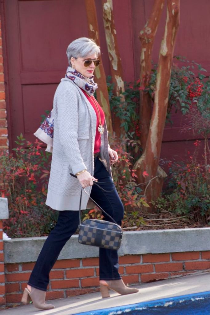 st. john knits cardigan, ralph lauren sweater, ann taylor denim, marc fisher booties, j.crew scarf