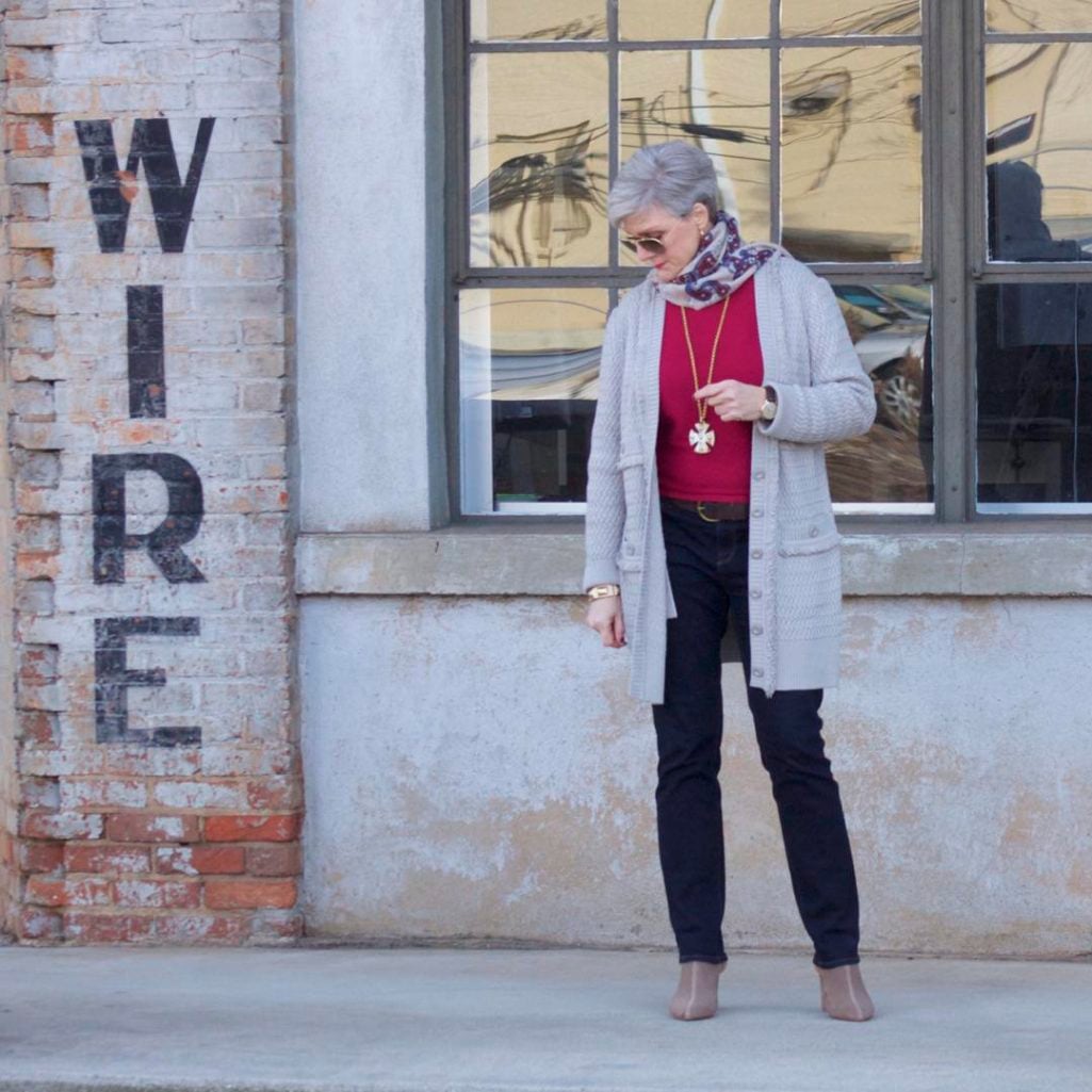 st. john knits cardigan, ralph lauren sweater, ann taylor denim, marc fisher booties, j.crew scarf