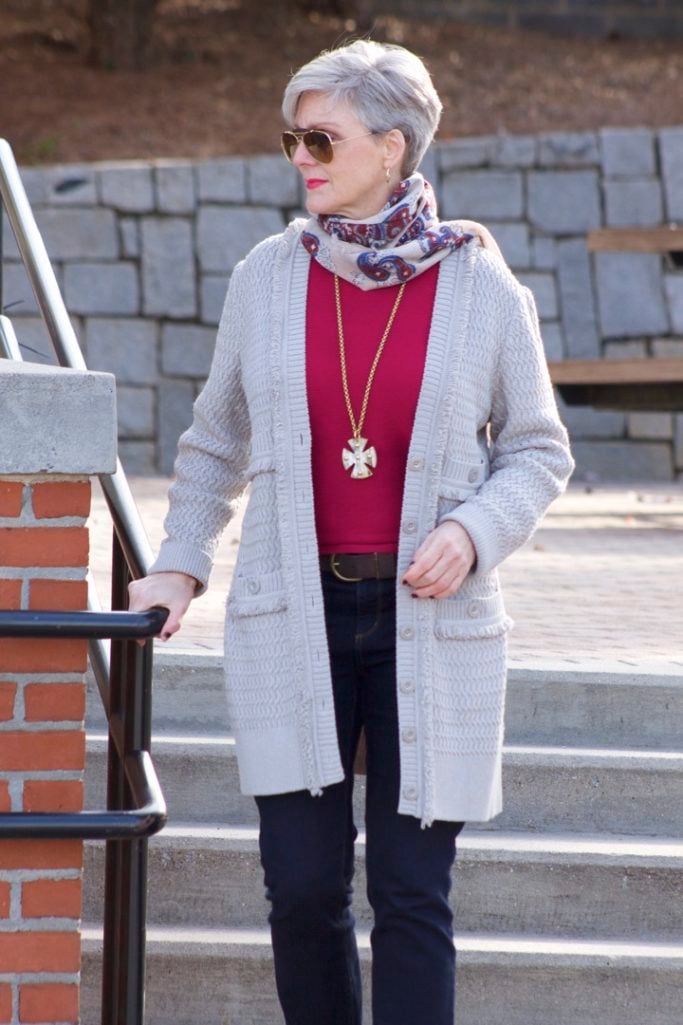 st. john knits cardigan, ralph lauren sweater, ann taylor denim, marc fisher booties, j.crew scarf
