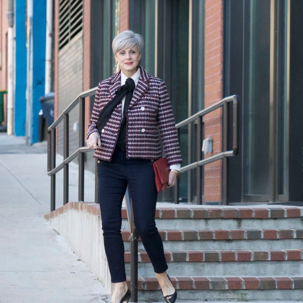 ann taylor double breasted tweed jacket, sailor all day skinny jeans, ralph lauren pussy bow, mark and graham clutch, gucci pumps,