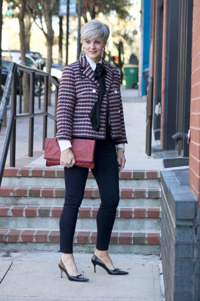 ann taylor double breasted tweed jacket, sailor all day skinny jeans, ralph lauren pussy bow, mark and graham clutch, gucci pumps,
