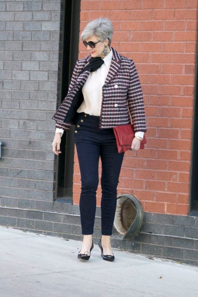 ann taylor double breasted tweed jacket, sailor all day skinny jeans, ralph lauren pussy bow, mark and graham clutch, gucci pumps,