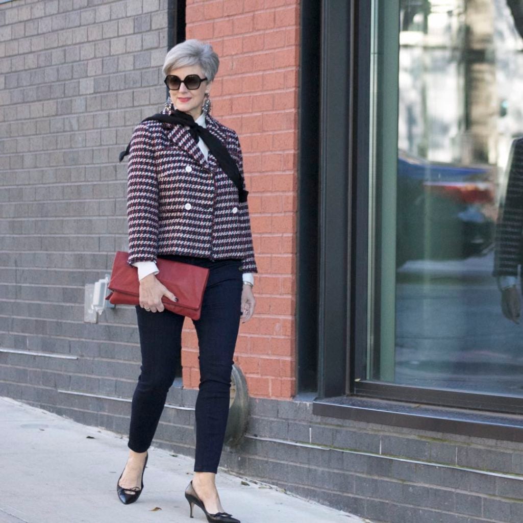 ann taylor double breasted tweed jacket, sailor all day skinny jeans, ralph lauren pussy bow, mark and graham clutch, gucci pumps,