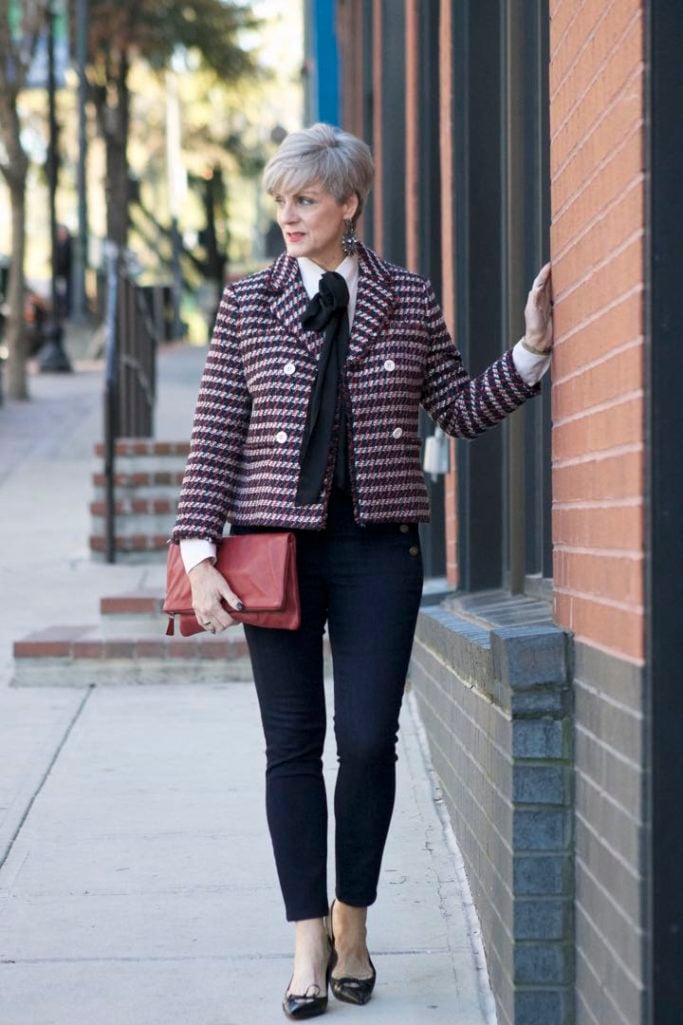 ann taylor double breasted tweed jacket, sailor all day skinny jeans, ralph lauren pussy bow, mark and graham clutch, gucci pumps,