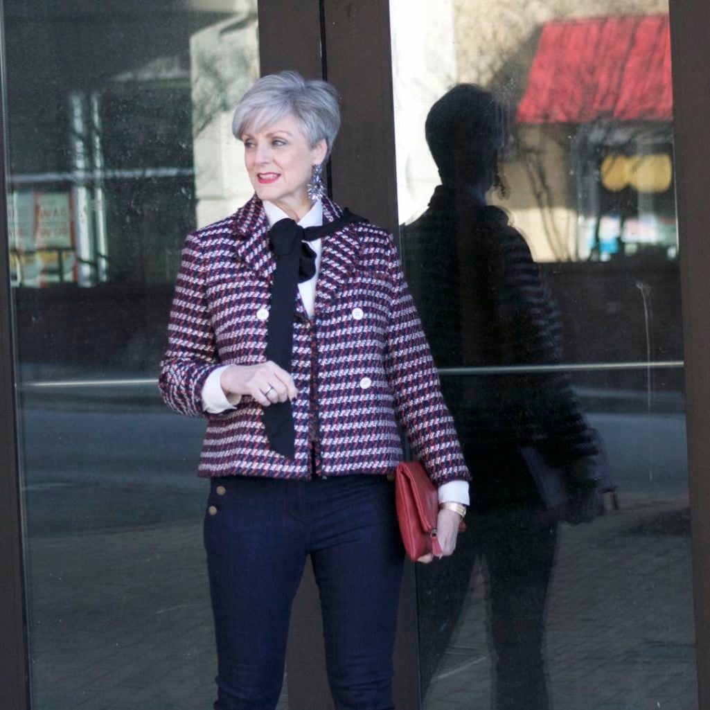 ann taylor double breasted tweed jacket, sailor all day skinny jeans, ralph lauren pussy bow, mark and graham clutch, gucci pumps,