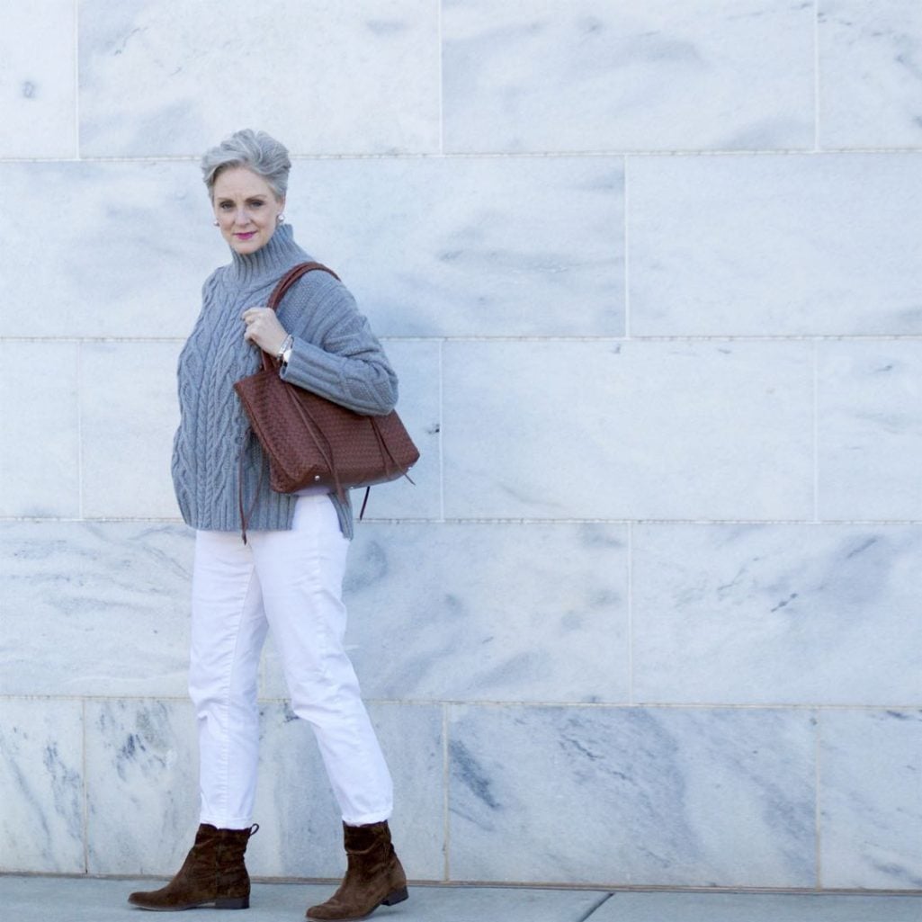 winter white, talbots boyfriend jeans, everlane chunky turtleneck, frye boots,