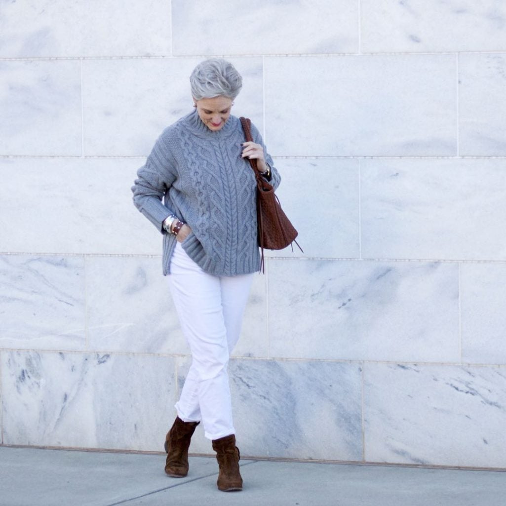 winter white, talbots boyfriend jeans, everlane chunky turtleneck, frye boots,