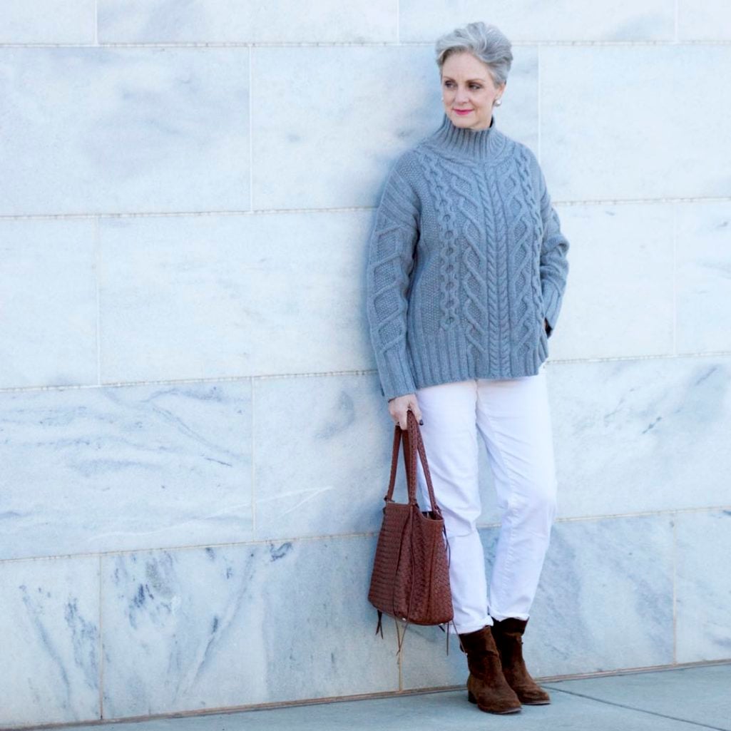 winter white, talbots boyfriend jeans, everlane chunky turtleneck, frye boots,