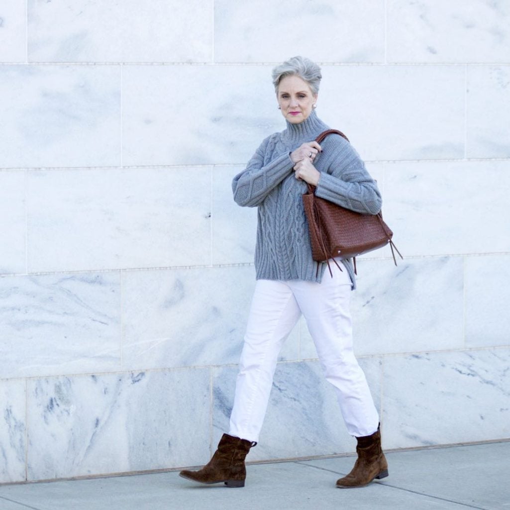 winter white, talbots boyfriend jeans, everlane chunky turtleneck, frye boots,