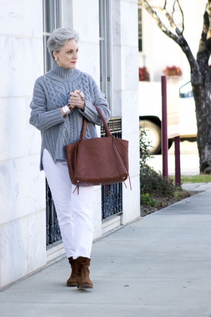 winter white, talbots boyfriend jeans, everlane chunky turtleneck, frye boots,