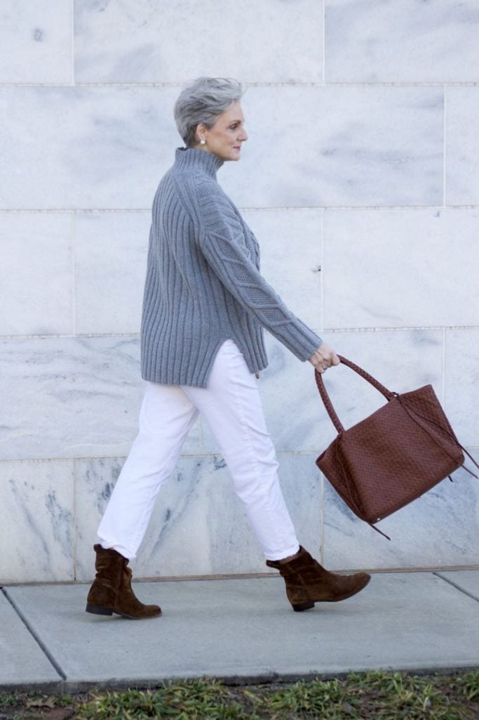 winter white, talbots boyfriend jeans, everlane chunky turtleneck, frye boots,