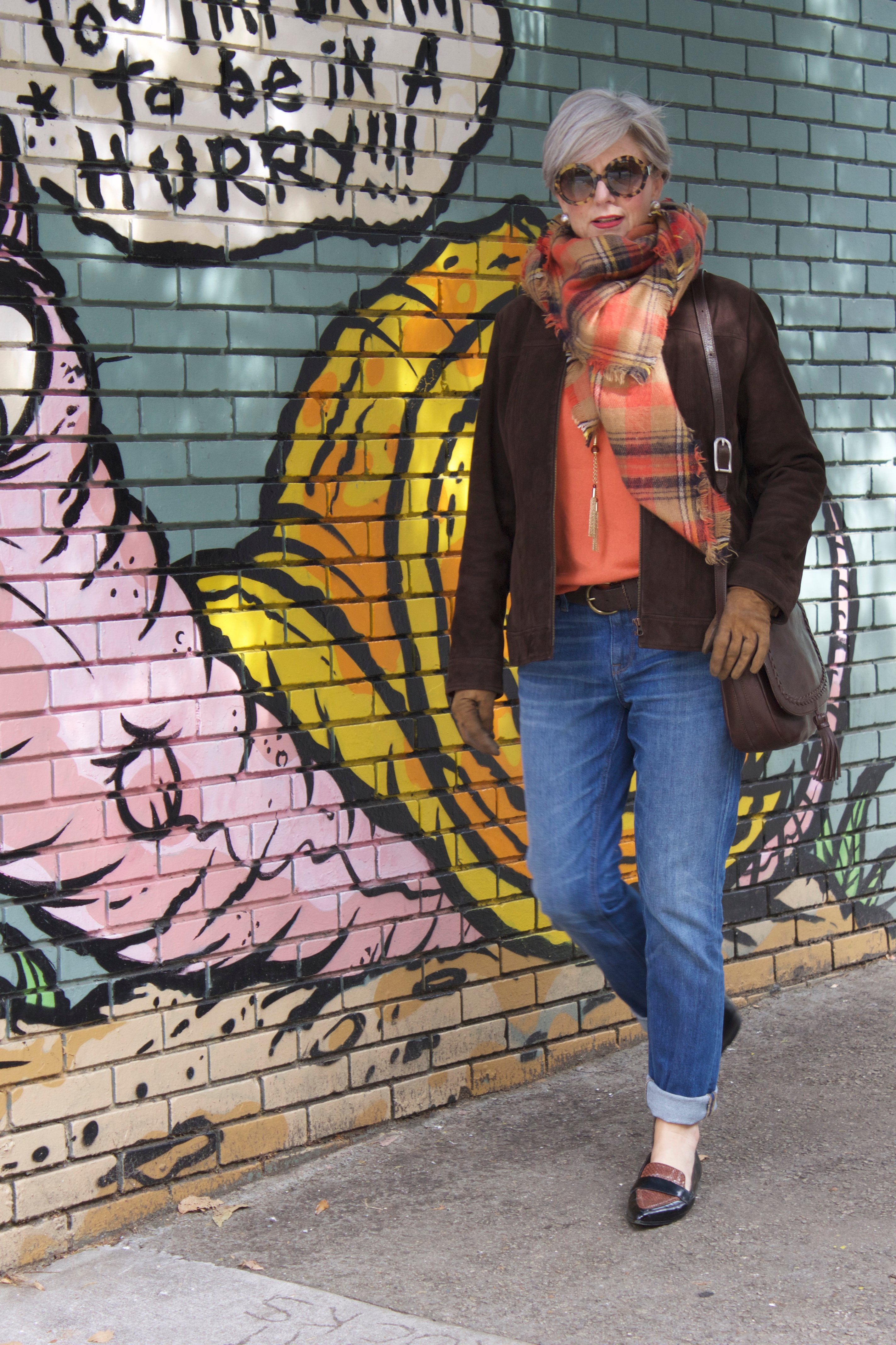 blue jeans and blanket scarves