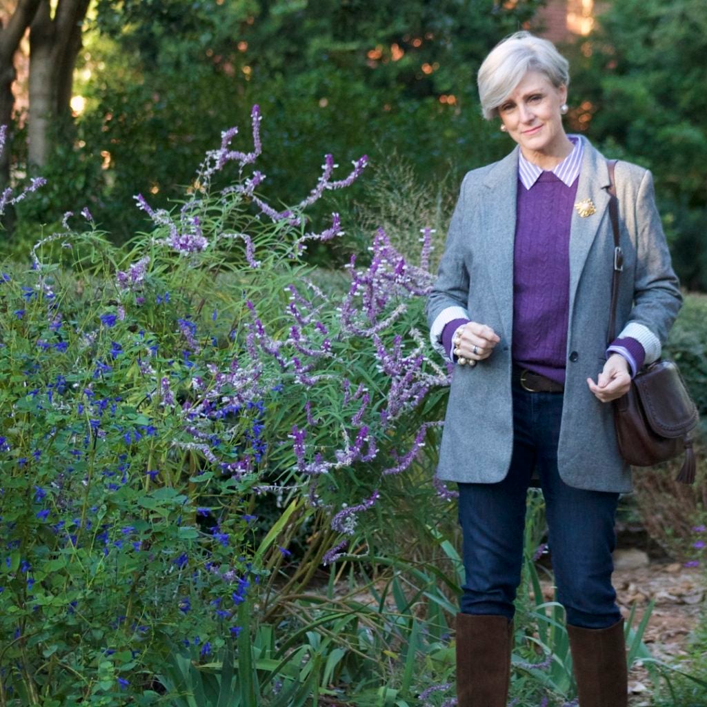 a new day blazer, cable sweater, suede boots and skinny jeans