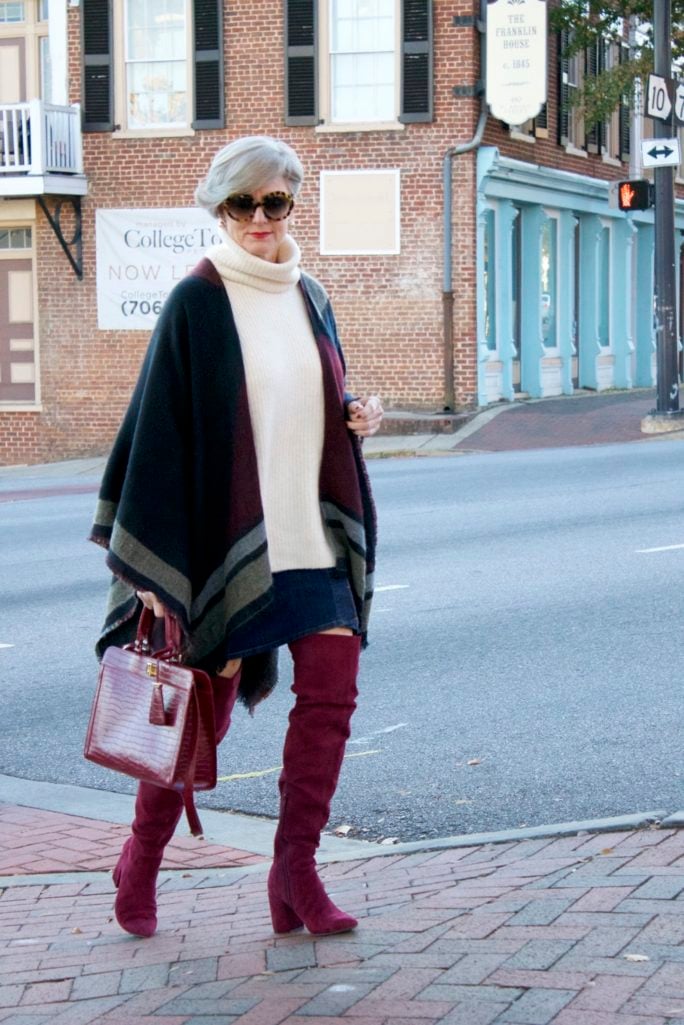 suede over the knee boots, denim skirt, chunky sweater