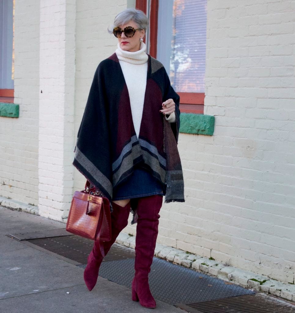 suede over the knee boots, denim skirt, chunky sweater