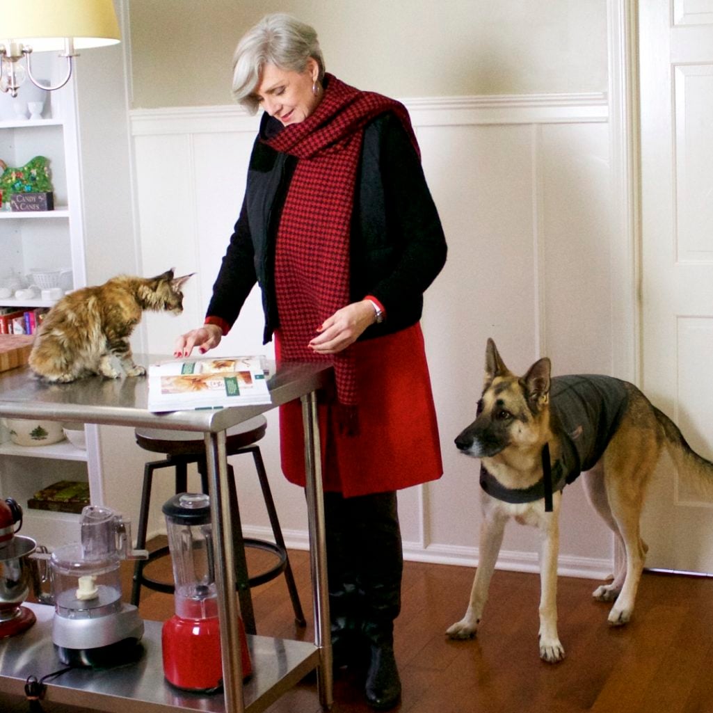 talbots red skirt, talbots cashmere crewneck, ralph lauren puffer vest, over the knee boots