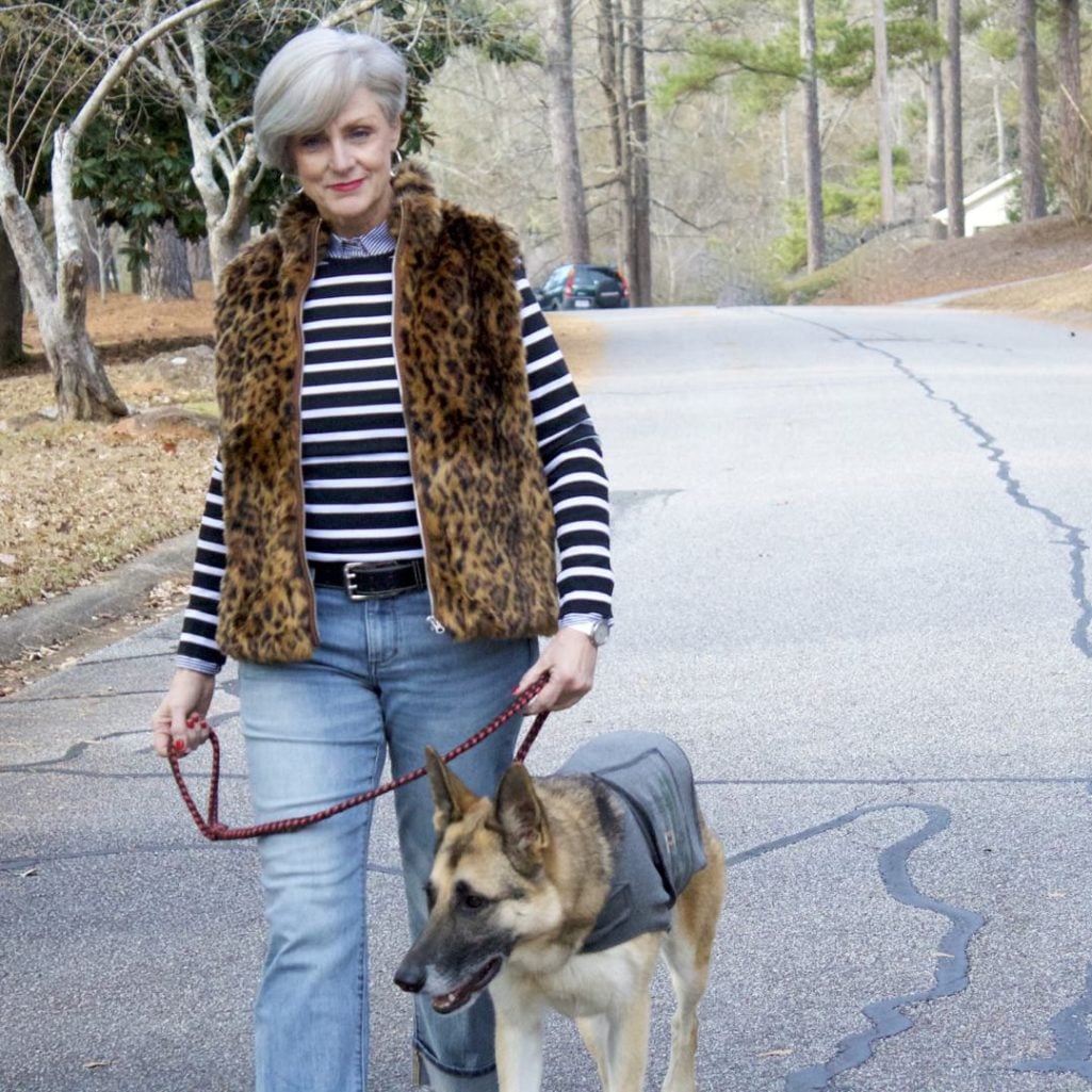 ralph lauren striped tee, j.crew striped shirt, banana republic denim, adidas sneakers, j.crew leopard vest