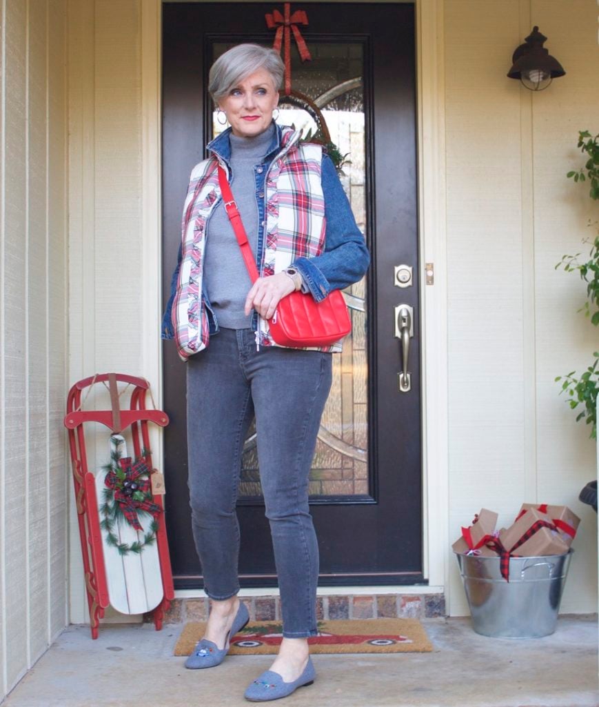talbots puffer vest, old navy jean jacket, old navy rockstar jeans
