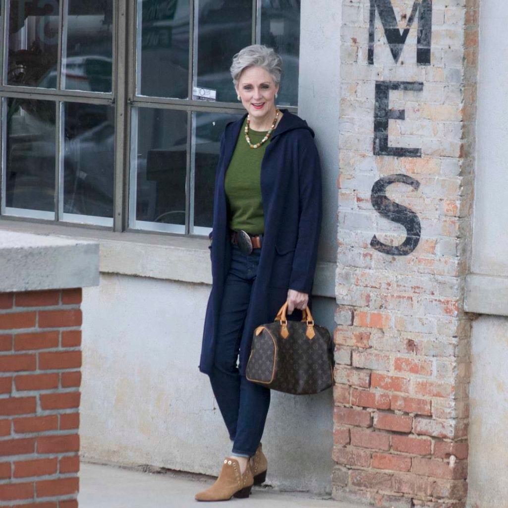 eileen fisher blue cotton duster, j.crew green slub cotton tee, j.crew classic wash toothpick jean, sam edelman grommet booties, louis vuitton speedy