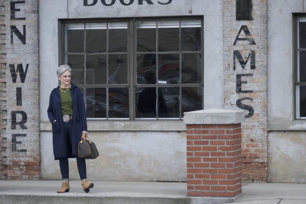 eileen fisher blue cotton duster, j.crew green slub cotton tee, j.crew classic wash toothpick jean, sam edelman grommet booties, louis vuitton speedy