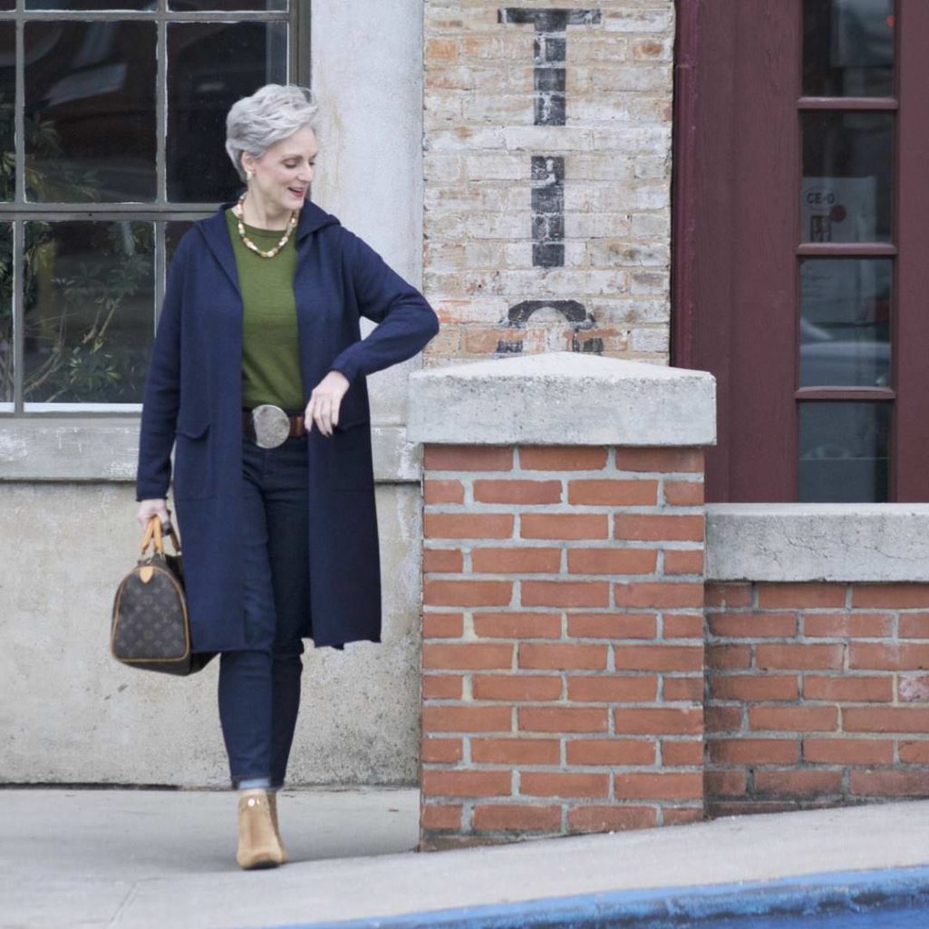 eileen fisher blue cotton duster, j.crew green slub cotton tee, j.crew classic wash toothpick jean, sam edelman grommet booties, louis vuitton speedy