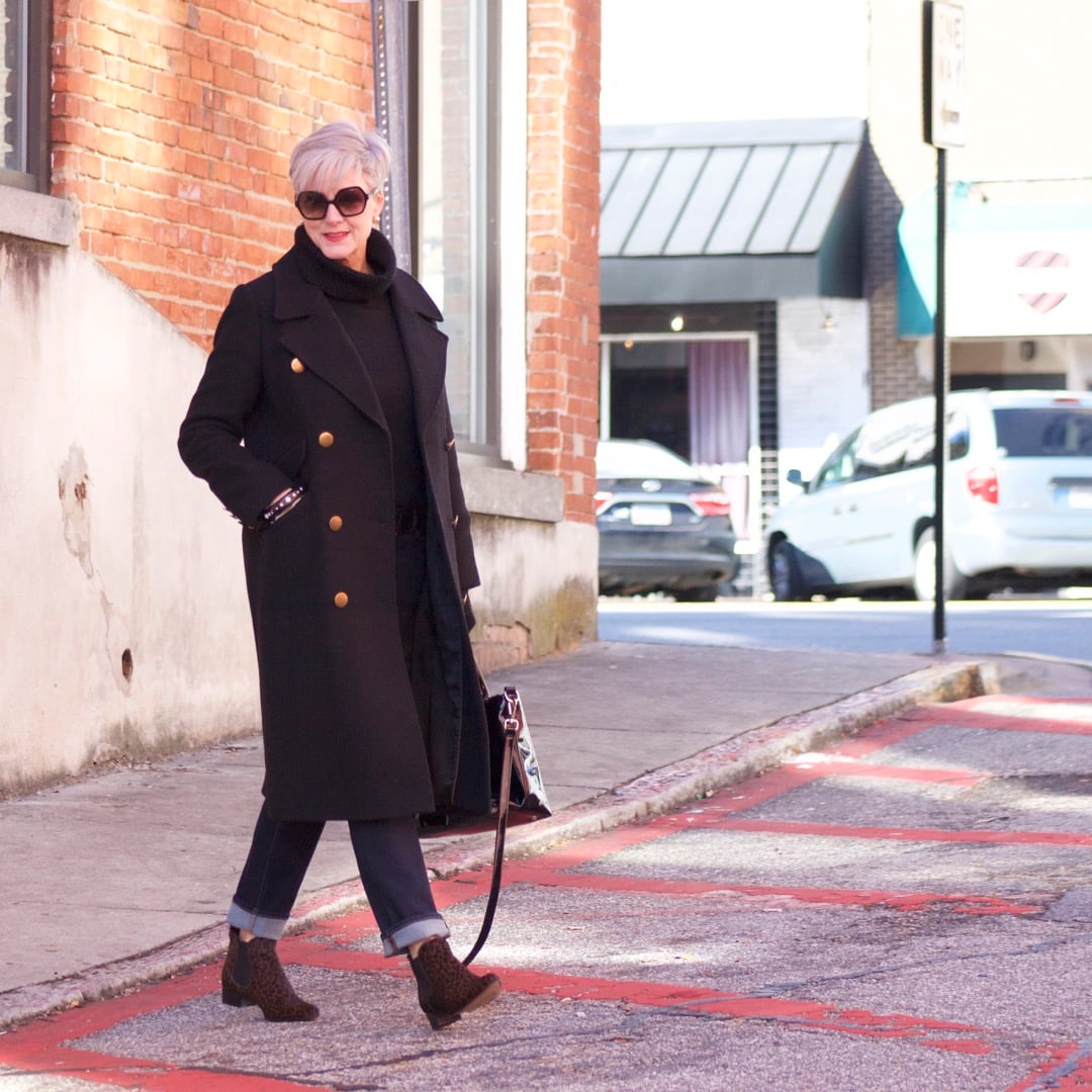 ralph lauren military coat, j.crew black turtleneck, talbots flawless five pocket, leopard chelsea boots