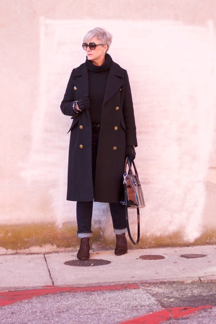 ralph lauren military coat, j.crew black turtleneck, talbots flawless five pocket, leopard chelsea boots
