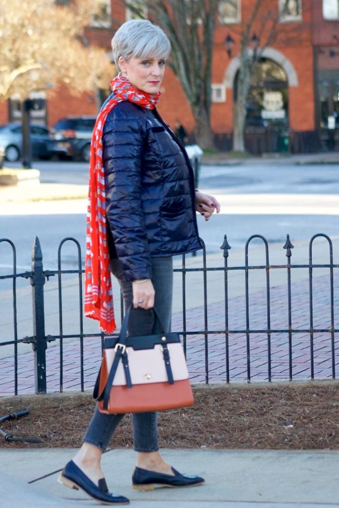 j.crew cashmere sweater, old navy rockstar jeans, talbots puffer jacket, talbots scarf, everlane loafers