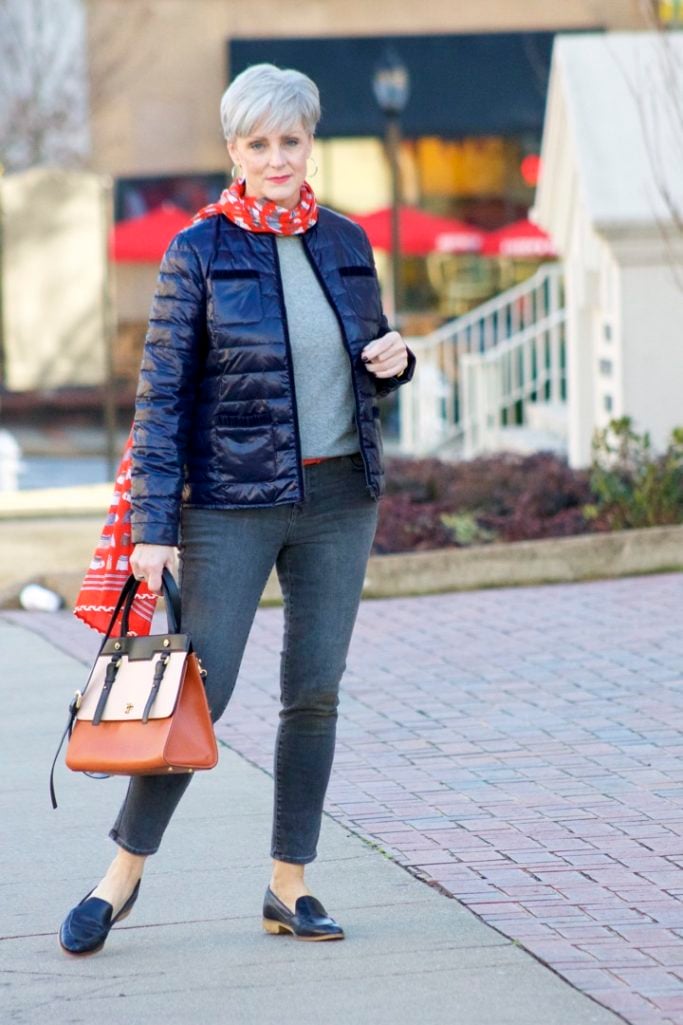 j.crew cashmere sweater, old navy rockstar jeans, talbots puffer jacket, talbots scarf, everlane loafers