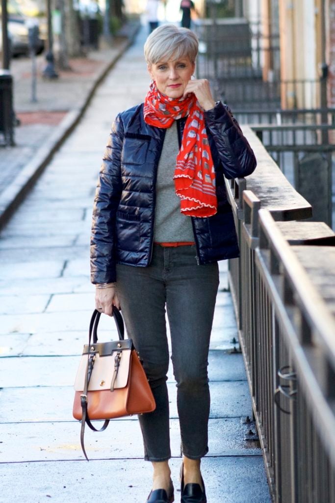 j.crew cashmere sweater, old navy rockstar jeans, talbots puffer jacket, talbots scarf, everlane loafers