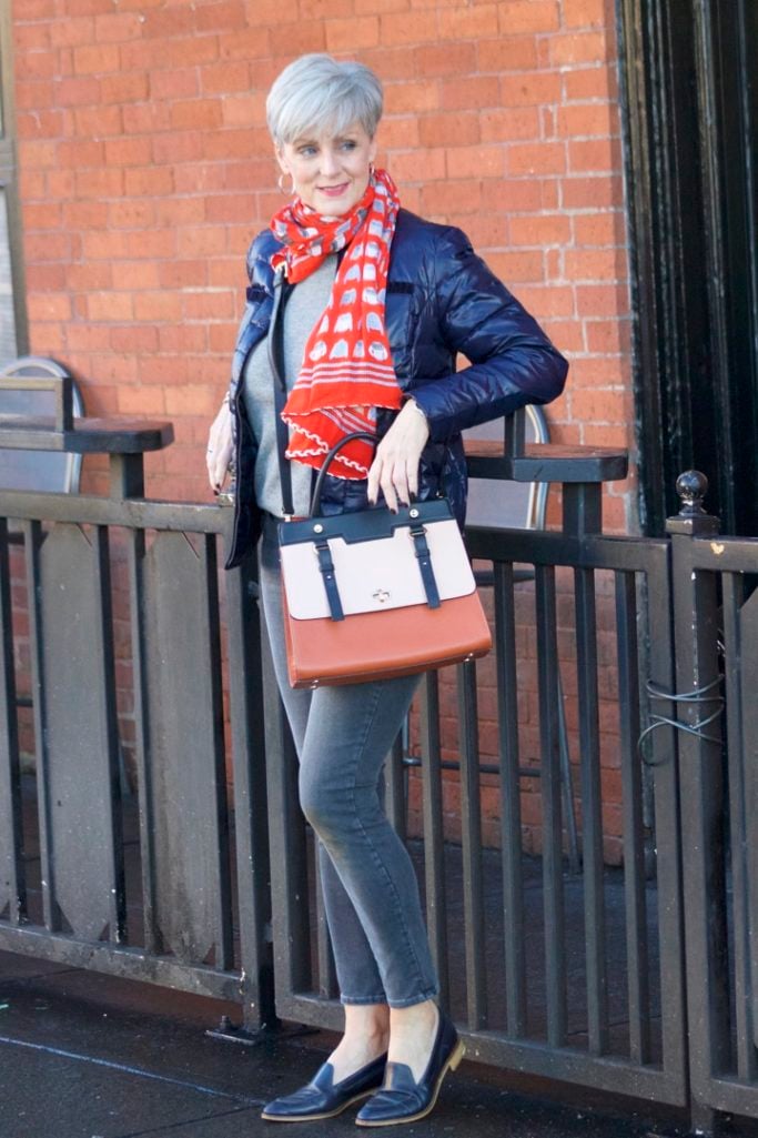 j.crew cashmere sweater, old navy rockstar jeans, talbots puffer jacket, talbots scarf, everlane loafers
