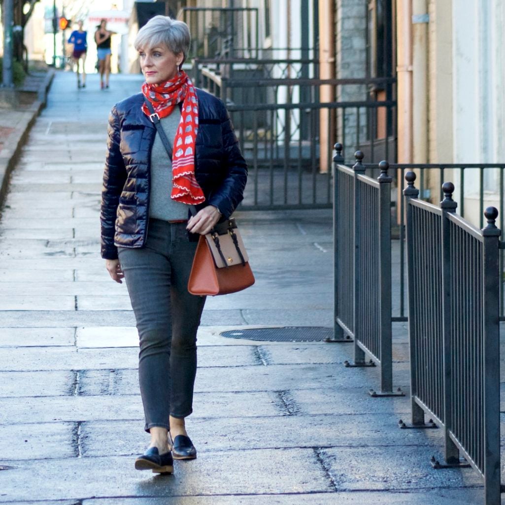 j.crew cashmere sweater, old navy rockstar jeans, talbots puffer jacket, talbots scarf, everlane loafers