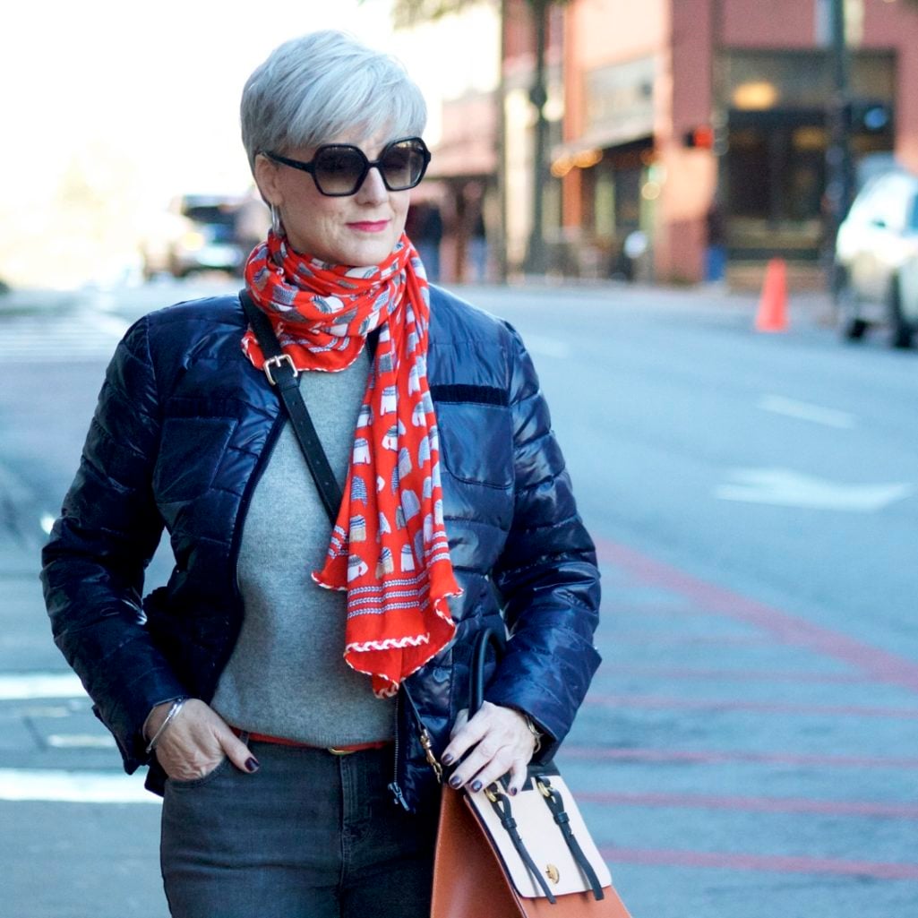 j.crew cashmere sweater, old navy rockstar jeans, talbots puffer jacket, talbots scarf, everlane loafers