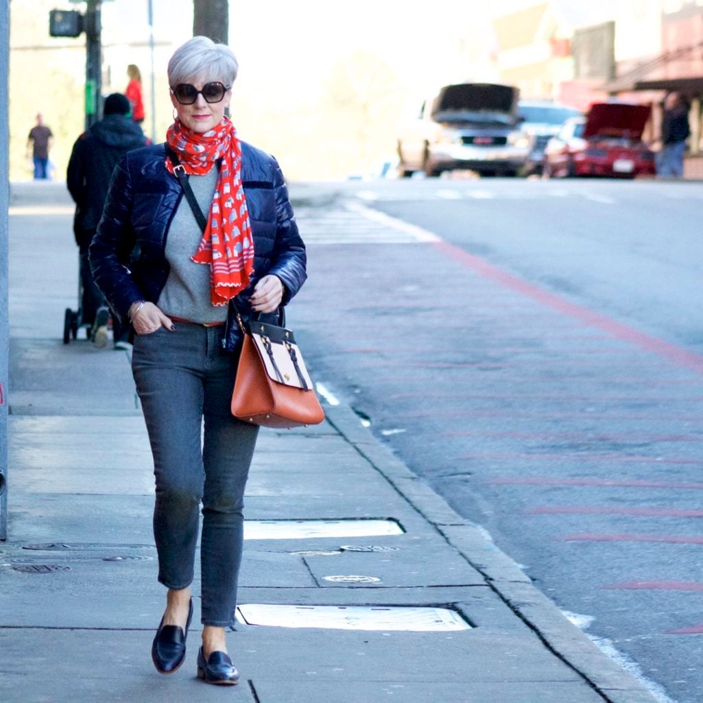 j.crew cashmere sweater, old navy rockstar jeans, talbots puffer jacket, talbots scarf, everlane loafers