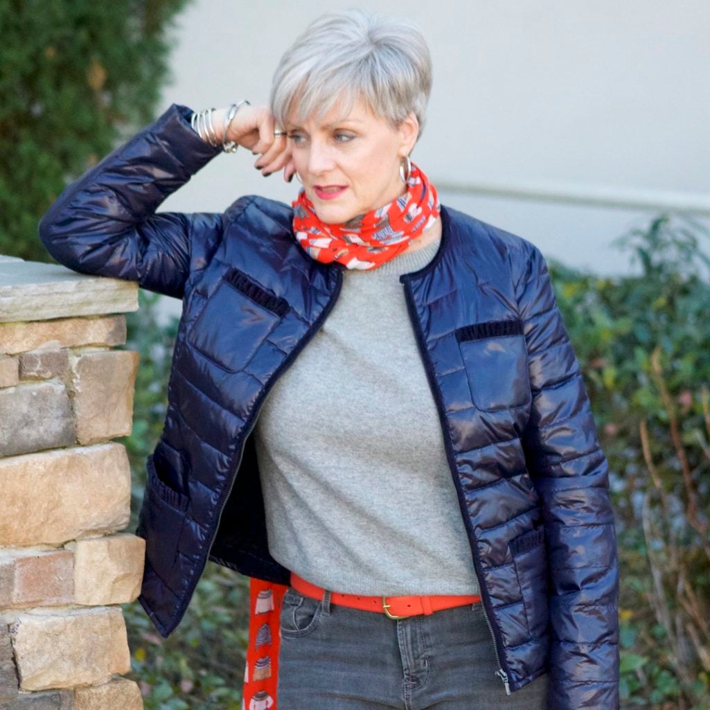 j.crew cashmere sweater, old navy rockstar jeans, talbots puffer jacket, talbots scarf, everlane loafers