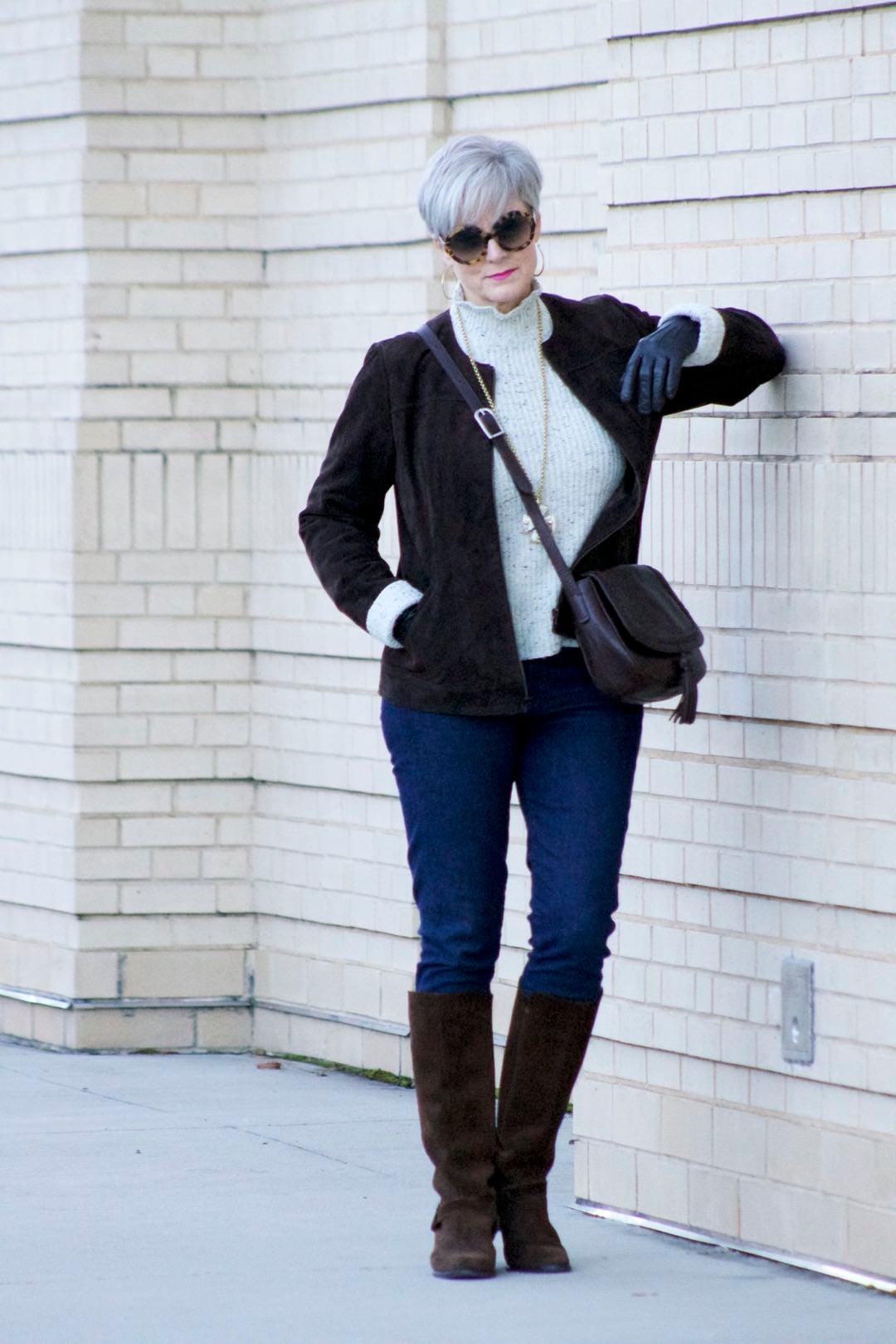 suede jacket, joie sweater, j.crew suede boots, flap crossbody bag
