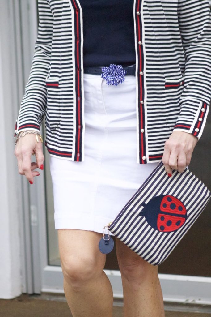 talbots striped cardigan, talbots navy tee, talbots white denim skirt, talbots gingham denim belt, talbots denim shoes, talbots ladybug clutch