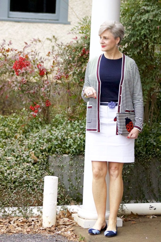 talbots striped cardigan, talbots navy tee, talbots white denim skirt, talbots gingham denim belt, talbots denim shoes, talbots ladybug clutch