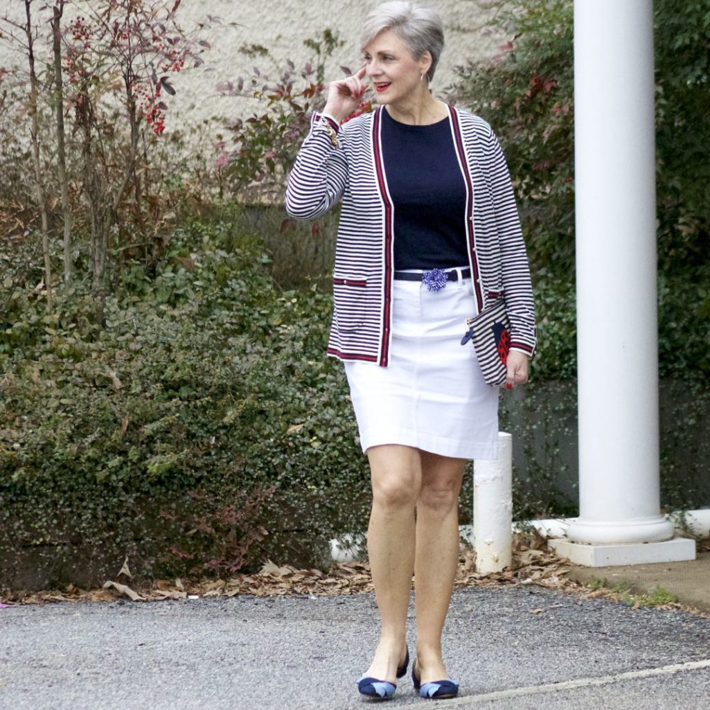 talbots striped cardigan, talbots navy tee, talbots white denim skirt, talbots gingham denim belt, talbots denim shoes, talbots ladybug clutch