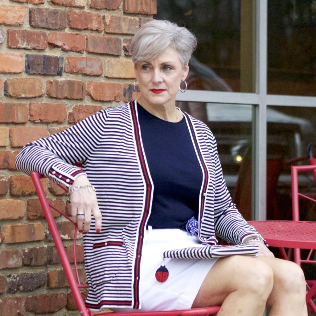 talbots striped cardigan, talbots navy tee, talbots white denim skirt, talbots gingham denim belt, talbots denim shoes, talbots ladybug clutch