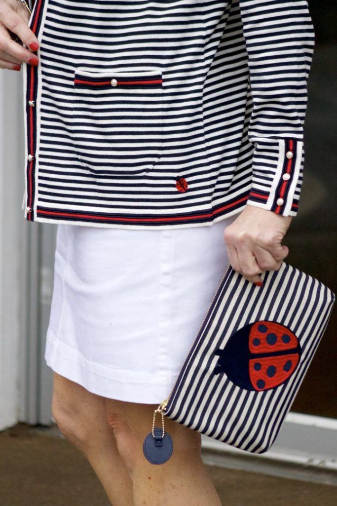talbots striped cardigan, talbots navy tee, talbots white denim skirt, talbots gingham denim belt, talbots denim shoes, talbots ladybug clutch