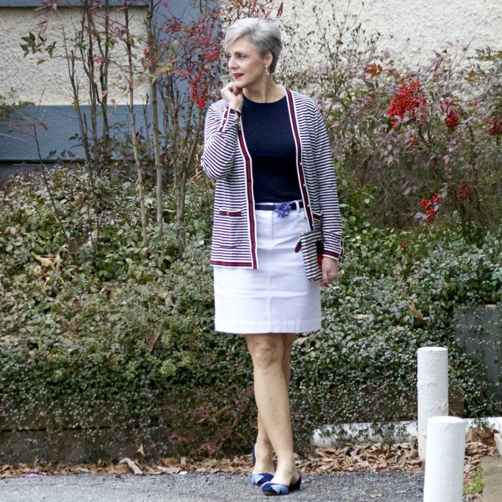 talbots striped cardigan, talbots navy tee, talbots white denim skirt, talbots gingham denim belt, talbots denim shoes, talbots ladybug clutch