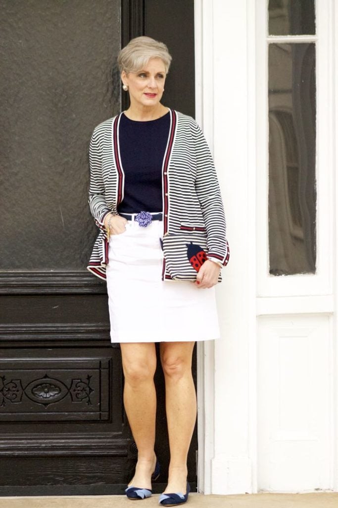 talbots striped cardigan, talbots navy tee, talbots white denim skirt, talbots gingham denim belt, talbots denim shoes, talbots ladybug clutch