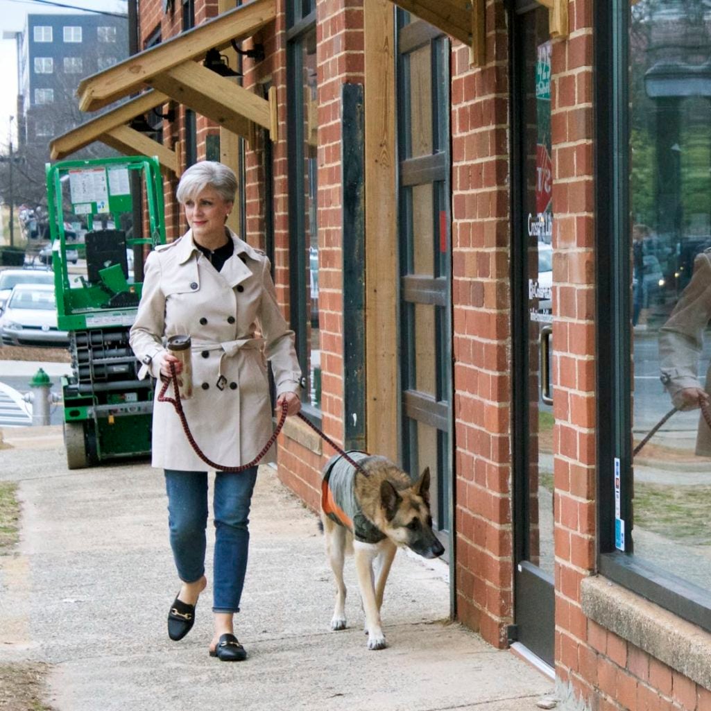 trench coat, j.crew toothpick jeans, everlane silk tunic, target merona slides
