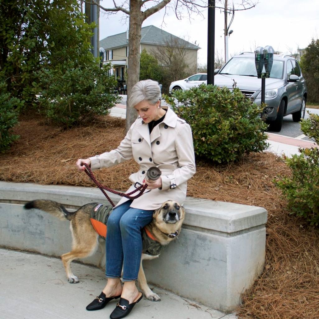 trench coat, j.crew toothpick jeans, everlane silk tunic, target merona slides
