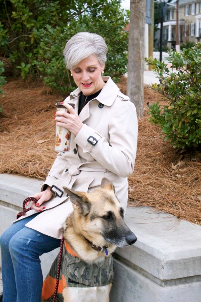 trench coat, j.crew toothpick jeans, everlane silk tunic, target merona slides