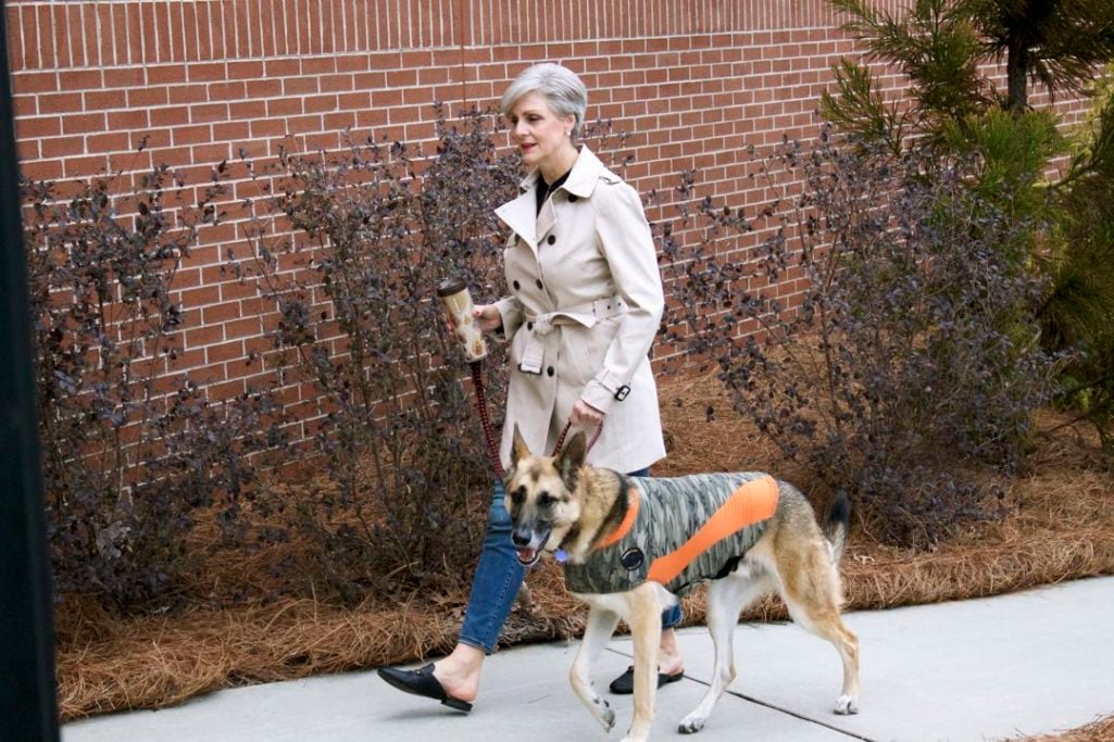 trench coat, j.crew toothpick jeans, everlane silk tunic, target merona slides