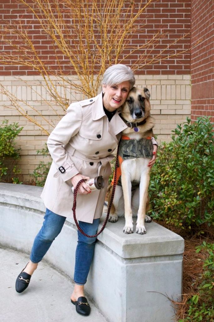 trench coat, j.crew toothpick jeans, everlane silk tunic, target merona slides